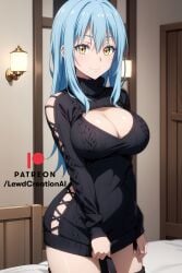 ai_generated big_breasts blue_hair blush blush_lines cleavage cleavage_cutout cleavage_overflow golden_eyes huge_breasts indoors lewdcreationsai looking_at_viewer rimuru_tempest smile smirk sweater sweater_dress tagme tensei_shitara_slime_datta_ken that_time_i_got_reincarnated_as_a_slime thick_thighs thigh_highs thighhighs thighs virgin_killer_sweater yellow_eyes