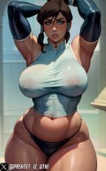 1girls ai_generated armpit armpits arms_up avatar_legends big_thighs blue_eyes busty daulawkins female gloves hourglass_figure korra large_breasts narrow_waist nipples_visible_through_clothing panties stable_diffusion the_avatar the_legend_of_korra thick thick_thighs thighs thong thong_panties thong_underwear underwear water_tribe wide_hips