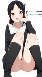 ai_generated ass black_hair black_socks blush cleft_of_venus collarbone collared_dress coro7 feet_out_of_frame hair_ribbon hand_up kaguya-sama_wa_kokurasetai_~tensai-tachi_no_renai_zunousen~ knee_socks kneehighs kneesocks long_sleeves looking_at_viewer no_panties open_mouth parted_bangs pussy red_eyes red_ribbon ribbon shinomiya_kaguya sidelocks simple_background sitting sleeves_past_wrists smile socks solo spread_legs teeth upper_teeth_only white_background