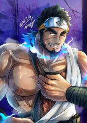 bara beard black_hair facial_hair fire fully_clothed male male_only mofnyan muscles muscular musk sandayu_(tokyo_afterschool_summoners) solo solo_male sweat sweating tokyo_afterschool_summoners