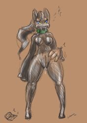 2023 anthro banette biped black_bodysuit black_clothing bodily_fluids bodysuit breasts clothed clothing dripping drooling female front_view genital_fluids gimp_suit hand_on_hip hand_on_own_hip hi_res mega_banette mega_evolution nintendo pokemon pokemon_(species) pokemorph purple_sclera pussy_juice pussy_juice_drip s-nina saliva simple_background skinsuit solo standing tight_clothing yellow_eyes zipper