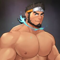 bara beard black_hair facial_hair fire human human_only male male_only mikicat muscles muscular sandayu_(tokyo_afterschool_summoners) shirtless solo solo_male tokyo_afterschool_summoners