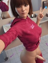 1futa 3d akane_(skykliker) asian asian_futanari bob_cut brown_eyes brown_hair futanari hoodie looking_at_viewer nail_polish penis render selfie selfie_pose short_hair skykliker solo solo_focus solo_futa stockings thighhighs toilet used_condom used_condoms veiny_penis