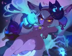 1girls completely_nude convenient_censoring female female_only huffslove league_of_legends looking_at_viewer nude nude_female purple_skin slit_pupils small_breasts smiling smiling_at_viewer solo spirit_blossom_series spirit_blossom_tristana tristana very_high_resolution yordle