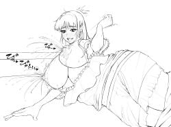 1girls black_and_white blush breasts breasts_out female female_only huge_breasts lactating lactation lactation lactation_without_expressing line_art lying_on_bed monochrome nipples qiezi solo solo_female