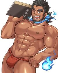 aokumaneko1 balls bara beard black_hair bulge facial_hair fire fundoshi fundoshi_only male male_only muscles muscular one_eye_closed penis sandayu_(tokyo_afterschool_summoners) solo solo_male tokyo_afterschool_summoners