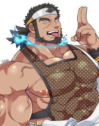 bara beard black_hair facial_hair fire fully_clothed male male_only muscles muscular sandayu_(tokyo_afterschool_summoners) solo solo_male tokyo_afterschool_summoners tongue_out xxx___13