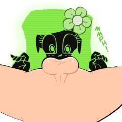 1girls 1male black_body brain_dump burnbot deepthroat fellatio flower_in_hair green_eyes green_hair lovetopullmicke simple_background