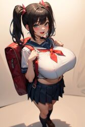 1girls :d ai_generated backpack bag bangs black_hair blue_skirt blush breasts brown_footwear crop_top full_body grey_eyes hair_ribbon holding_strap huge_breasts kneehighs loafers long_hair looking_at_viewer midriff navel neckerchief open_mouth pleated_skirt randoseru red_neckerchief ribbon sailor_collar school_uniform serafuku shirt shoes short_sleeves sidelocks skirt smile socks solo stable_diffusion standing taut_clothes twintails white_shirt
