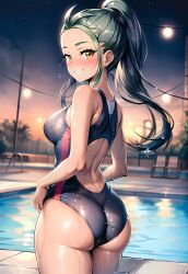 ai_generated ass back_cutout bare_shoulders black_hair black_swimsuit blue_swimsuit blurry blush breasts brown_eyes cloud competition_swimsuit cowboy_shot female forehead from_behind full_moon gradient_sky green_hair grin horizon long_hair looking_at_viewer looking_back medium_breasts moon nemona_(pokemon) night night_sky nose_blush ocean one-piece_swimsuit outdoors pokemon pokemon_sv ponytail pool pool_ladder poolside sky smile solo standing star_(sky) starry_sky sun sunset swimsuit teeth thighs wading water water_drop wet wet_clothes yellow_eyes