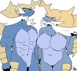 1boy 1girls abs big_breasts breasts facial_hair female muscular muscular_male naked naked_female naked_male nipples no_genitals non-mammal_breasts nude nude_female nude_male pokémon_(species) pokemon samuches samurott thick_thighs wide_hips