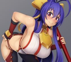 1girls alfort_(may0508) arc_system_works armpit_peek bent_over big_breasts blazblue blush breasts busty confident female female_only fingerless_gloves gloves hair_ribbon hand_on_own_hip hanging_breasts highres large_breasts leaning_forward legs long_hair looking_at_viewer mai_natsume pants polearm ponytail pose posing purple_eyes purple_hair ribbon sensual sideboob smile solo spear thighs very_long_hair weapon