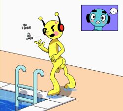 argon_vile backsack balls blush chromatic_aberration dialogue dj_student dj_yellow dripping_wet ellipsis english_text genitals hi_res humanoid male male/male non-human penis pool poolside rhythm_heaven standing text toony wet yellow_body