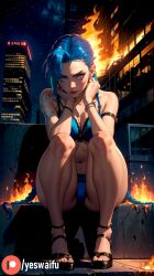 1girls 2d ai_generated blue_hair cameltoe city female female_only fire jinx_(league_of_legends) league_of_legends light-skinned_female looking_at_viewer low-angle_view medium_breasts panties partially_clothed riot_games sitting thick thick_ass thick_thighs underwear yeswaifu