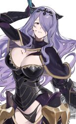 1girls absurdres armor axe bare_thighs battle_axe black_armor black_panties blood blood_on_face boots breasts camilla_(fire_emblem) cleavage fake_horns faulds female female_only fire_emblem fire_emblem_fates gauntlets groin hair_over_one_eye hashibiro_kou_(garapiko_p) highres holding holding_axe horns inner_thighs large_breasts long_hair nintendo panties purple_eyes purple_hair simple_background solo swept_bangs thighs tiara underwear weapon white_background