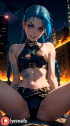 1girls 2d ai_generated blue_hair cameltoe erect_nipples female female_only fire grin jinx_(league_of_legends) league_of_legends light-skinned_female looking_at_viewer low-angle_view medium_breasts partially_clothed riot_games tagme thick_thighs yeswaifu