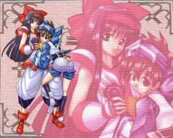 2girls ainu_clothes arm_grab ass ass_grab blue_eyes breast_grab breasts brown_hair female female_only fingerless_gloves gloves hair_ribbon hand_on_another's_ass height_difference hi_res hug legs long_hair looking_at_viewer looking_back medium_breasts multiple_girls nakoruru pants parted_lips purple_eyes purple_hair ribbon rimururu samurai_shodown shoes shorts siblings sisters smile snk thighs tsukamoto_takashi weapon yuri