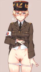 asparagus_(girls_und_panzer) bc_freedom_(emblem) bc_freedom_military_uniform blonde_hair blue_eyes em_(totsuzen_no_hakike) emblem female girls_und_panzer hat jacket_lift kepi messy_hair military_hat military_uniform navel panties panty_pull pubic_hair pussy short_hair solo underwear uniform