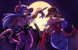 2demons 2girls abs bat_print big_breasts blue_hair blue_pantyhose blush brown_hair capcom clothing cosplay cum darkstalkers demon demon_girl demon_girls demon_wings demons female female_only full_moon gattles gauntlets green_eyes hair_over_one_eye hi_res horns leotard lilith_aensland_(cosplay) long_hair looking_at_viewer morrigan_aensland_(cosplay) pantyhose pointy_ears purple_pantyhose sharp_teeth sibling siblings sister sister_and_sister sisters smiling smiling_at_viewer succubi succubus succubus_horns succubus_wings tail teeth_showing thick_thighs wings