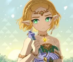 absurdres blonde_hair bracelet braid crown_braid earrings enni female green_eyes highres holding holding_sword holding_weapon jewelry looking_to_the_side magatama master_sword necklace pointy_ears princess_zelda short_hair solo strapless sun sword tears_of_the_kingdom the_legend_of_zelda the_legend_of_zelda:_tears_of_the_kingdom tiara upper_body weapon zelda_(tears_of_the_kingdom)