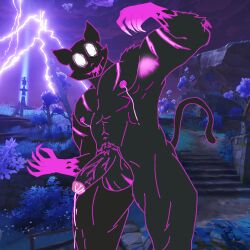 abs anthro black_body bodily_fluids cum ejaculation epic_games felid feline feral fortnite genital_fluids genitals ghost_sex hi_res humanoid male mammal muscular nipples penis phantom_meowscles purple_nipples scar shadowstar_9955 solo