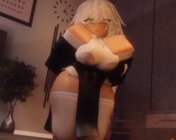 1girls 3d :< arms_on_breasts big_breasts clothed female female_only front_view glasses huge_breasts long_sleeves niki_okarin nun nun_outfit roblox roblox_avatar robloxian solo_female standing thighhighs thighs white_hair white_skin