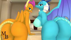 3d_(artwork) anthro ass blue_body blue_eyes blue_skin blue_tail breasts curled_horn digital_media_(artwork) dragon duo eyelashes female friendship_is_magic hair hasbro hi_res horn masterbrony membrane_(anatomy) membranous_wings mohawk my_little_pony nipples non-mammal_breasts orange_body orange_skin orange_tail princess_ember_(mlp) purple_hair red_eyes scalie sharp_teeth smile smolder_(mlp) source_filmmaker spikes tail teeth tongue tongue_out western_dragon wings