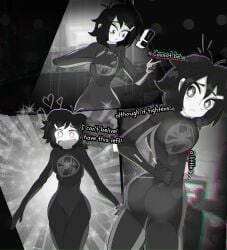 1girls asian_female ass_focus big_ass bodysuit cute english_text female light-skinned_female marvel miles_morales miles_morales_(cosplay) monochrome peni_parker small_breasts spider-man:_across_the_spider-verse suit text tight_clothing