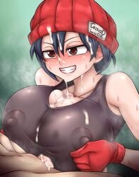 1boy1girl beanie beanie_hat beruzumi-m big_breasts black_hair blush breasts brown_eyes busty censored cum cum_between_breasts cum_on_face female fuuko_izumo gloves male/female nipple_bulge paizuri penis penis_between_breasts short_hair sweat tank_top titfuck_under_clothes titjob undead_unluck