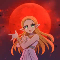 :o bare_shoulders bishoujo_senshi_sailor_moon blonde_hair bracelet clothing dress enni entiqua female full_moon green_eyes jewelry long_hair moon necklace open_mouth parted_bangs pointy_ears princess_zelda red_moon red_theme shoulder_guard solo solo_focus strapless strapless_dress the_legend_of_zelda the_legend_of_zelda:_breath_of_the_wild white_dress zelda_(breath_of_the_wild)