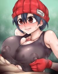 1boy1girl beanie beanie_hat beruzumi-m big_breasts black_hair blush breasts brown_eyes busty censored female fuuko_izumo gloves male/female nipple_bulge paizuri penis penis_between_breasts short_hair sweat tank_top titfuck_under_clothes titjob undead_unluck