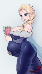 1girls belly big_belly big_breasts blonde_hair blue_eyes breasts disney disney_princess elsa_(frozen) female frozen_(film) hand_on_belly large_breasts pregnant solo squallpion