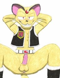 2022 anthro anthrofied anus ass balls belt boots bottomless clothed clothing colored_pencil_(artwork) crouching erection felid feline footwear fur generation_1_pokemon genitals hands_behind_head hi_res looking_at_viewer male male_focus mammal mostly_nude nintendo nude open_clothing penis persian pokemon pokemon_(species) pokemorph presenting presenting_anus presenting_balls presenting_crotch simple_background smile solo solo_focus spread_legs spreading tail tan_body tan_fur topwear traditional_media_(artwork) ultimatepokemorphs vest white_background yellow_body yellow_fur