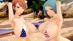 2girls 3d american_flag_bikini armpits beach big_breasts breasts cyshen fuuka_yamagishi light_blue_hair looking_at_viewer orange_hair persona persona_3 sweating yukari_takeba