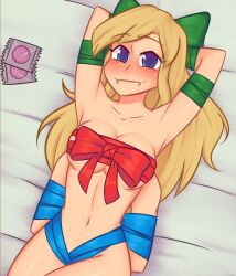 4_arms bed blonde_hair blue_eyes blush bondage bowtie christmas_wrapped collarbone condoms fangs gift_for_you large_breasts long_hair looking_at_viewer multi_arm multi_limb nelly ribbons submissive_female xyroni