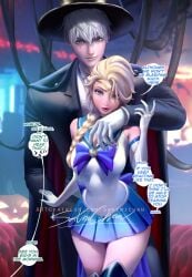 1boy 1girls anna_(frozen) bishoujo_senshi_sailor_moon blonde_hair blue_eyes braid clothing cosplay couple crossover crossover_cosplay dialogue disney disney_princess dreamworks elsa_(frozen) english_text female frozen_(film) halloween hat jack_frost jack_frost_(rise_of_the_guardians) jelsa kristanna kristoff_(frozen) looking_at_viewer male male/female open_mouth rise_of_the_guardians sailor_moon_(cosplay) sakimichan short_skirt skirt small_breasts speech_bubble straight tuxedo_mask_(cosplay) white_hair