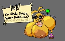 big_ass big_breasts big_butt black_and_white_eyes cupcake_(fnaf) five_nights_at_freddy's five_nights_at_freddy's_2 huge_ass huge_breasts lewdmaya speech_bubble stuck talking_to_viewer text thick_ass toy_chica_(fnaf)