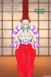 1girls big_breasts big_thighs cleavage clothed dick female female_only hair horn master1000 one_piece oni oni_horns penis_on_face samurai sideboob text white_hair yamato yamato_(one_piece)