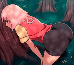 1female 1girl 1girls animated ass ass_focus ass_shake big_ass big_butt bike_shorts black_shorts blush bubble_butt d-art day daytime elbow feet_out_of_frame female_focus female_only forest forest_background gif grass green_eyes green_grass hand_on_knee haruno_sakura jiggle jiggling_ass leaves leaves_on_ground looking_back naruto naruto_(series) naruto_shippuden pink_hair red_shirt sakura_haruno shaking_ass shaking_butt shoulder_length_hair smile smiling solo standing sunlight sunrays tagme thighs tree trees