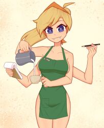 4_arms apron barista blonde_hair blue_eyes blush breastmilk_meme coffee creamer employee employee_uniform fangs iced_latte_with_breast_milk large_breasts long_hair looking_at_viewer multi_arm multi_limb nelly notebook pencil starbucks xyroni