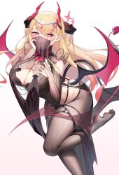 absurd_res ass blonde_hair blush breasts cleavage demon_girl highres horns large_breasts long_hair looking_at_viewer mouth_veil original pointy_ears red_eyes see-through solo standing tail tattoo veil wings zhi_jiyang