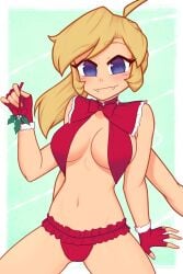 4_arms bedroom_eyes blonde_hair blue_eyes blush christmas_bikini collarbone fangs fingerless_gloves fur_trim large_breasts lingerie long_hair looking_at_viewer mistletoe multi_arm multi_limb nelly xyroni