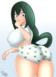 ass ass_focus big_ass big_breasts boku_no_hero_academia breasts crop_top curvy curvy_female female frog frog_girl froppy green_hair huge_breasts my_hero_academia nipple_outline pajamas rashjudgement signature solo solo_focus thick thick_ass thick_legs thick_thighs tight_clothing tsuyu_asui underwear voluptuous white_underwear