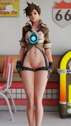 1girls 3d aneesha blizzard_entertainment female female_only looking_at_viewer medium_breasts naked overwatch overwatch_2 phone_wallpaper pinup shaved_pussy solo standing tracer