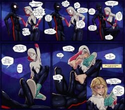 1boy 1girls asymmetrical_hair blonde_female blue_eyes costume feet female foot_fetish footjob gwen_stacy kokobiel light-skinned_female male marvel miles_morales penis shoes spider-gwen spider-man:_across_the_spider-verse straight