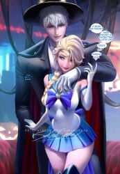 1boy 1girls bishoujo_senshi_sailor_moon blonde_hair blue_eyes braid clothing cosplay couple crossover crossover_cosplay disney disney_princess dreamworks elsa_(frozen) english_text female frozen_(film) halloween hat jack_frost jack_frost_(rise_of_the_guardians) male male/female rise_of_the_guardians sailor_moon_(cosplay) sakimichan sex short_skirt skirt small_breasts speech_bubble straight tuxedo_mask_(cosplay) white_hair