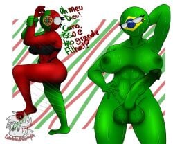 1futa 1girls 2023 balls big_balls big_breasts bottomless brazil_(countryhumans) breasts clothed clothing countryhumans countryhumans_futa countryhumans_girl dialogue duo erection female futanari green_body green_skin huge_cock humanoid humanoid_penis looking_back luisartz_(artist) meme mostly_nude mother_and_daughter nude pectorals penis portugal_(countryhumans) portuguese_text shitpost solo_focus standing text