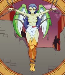 angel angel_wings armored_boots blue_hair bondage bracelets broken_wall chained chained_wrists chains crucifixion defeated gabriel_(megami_tensei) green_skin long_hair megami_tensei ripped_clothing shin_megami_tensei topless_female wounded