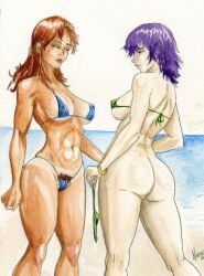 2girls abs alternate_breast_size beach bikini_bottom_removed bottomless clothes_too_small covered_nipples dc female female_only green_eyes hairy_pussy large_ass large_breasts micro_bikini multiple_girls normalt orange_skin partially_visible_vulva pubic_hair_peek purple_hair raven_(dc) red_hair red_pubic_hair starfire sultry_eyes tanline teen_titans teenager too_small_clothes traditional_media_(artwork) watercolor_(artwork)