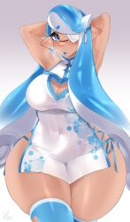 2021 arms_behind_head big_breasts boob_window breasts chinese_clothes chinese_dress cleavage clothed clothing curvy dress earrings female female_only inkling inkling_girl inklingloe splatoon thick_thighs thighs voluptuous